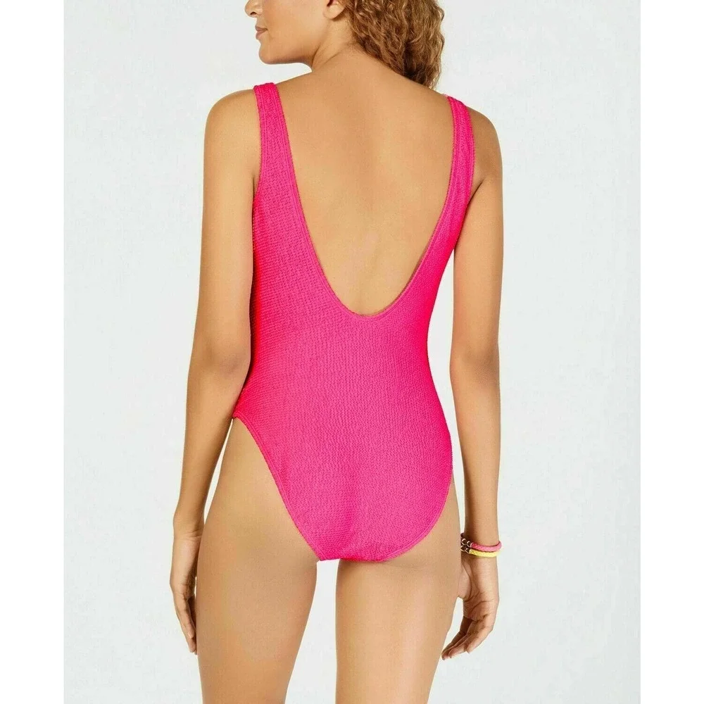 Hula Honey Juniors Pucker Up Textured High Leg One-Piece Swimsuit Pink Sz S‎ NWT